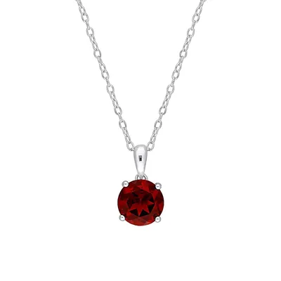 Sterling Silver & Garnet Round Solitaire Pendant Necklace
