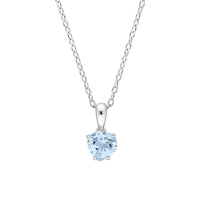Sterling Silver &Sky Blue Topaz Solitaire Heart Shape Pendant Necklace