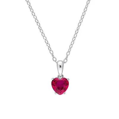 Sterling Silver & Heart Shape Lab-Created Ruby Solitaire Pendant Necklace