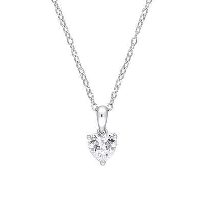Sterling Silver & Created White Sapphire Heart Solitaire Pendant Necklace