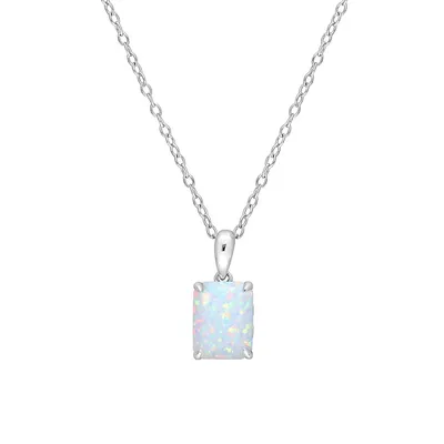 Sterling Silver & Lab-Created Opal Emerald Cut Solitaire Pendant Necklace