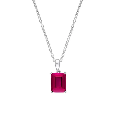 Sterling Silver & Lab-Created Ruby Emerald-Cut Solitaire Pendant Necklace