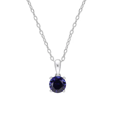 Sterling Silver & Created Blue Sapphire Round Solitaire Pendant Necklace