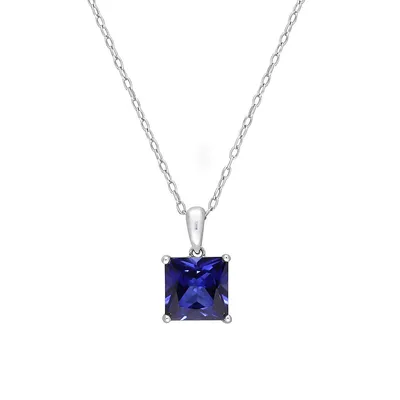 Sterling Silver & 3 CT. T.W. Created Blue Sapphire Princess-Cut Pendant Necklace