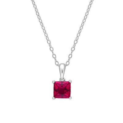 Sterling Silver & Lab-Created Ruby Princess Cut Solitaire Heart-Detail Pendant Necklace