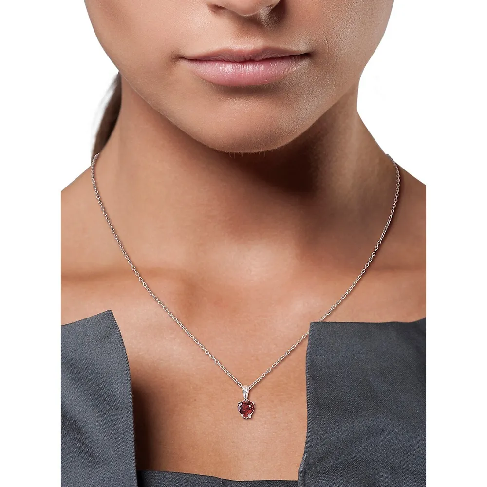 Sterling Silver & Heart Shape Garnet Solitaire Pendant Necklace