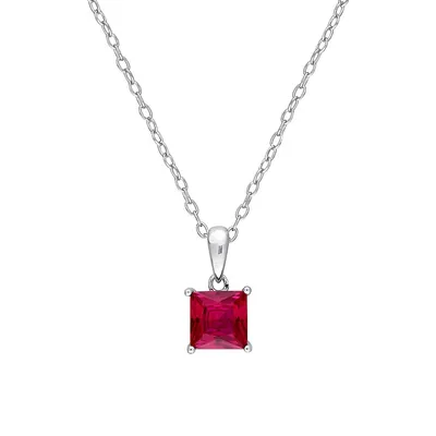 Sterling Silver & Princess Cut Lab-Created Ruby Solitaire Pendant Necklace