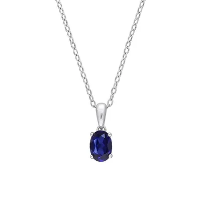 Sterling Silver & Lab-Created Blue Sapphire Oval Solitaire Pendant Necklace