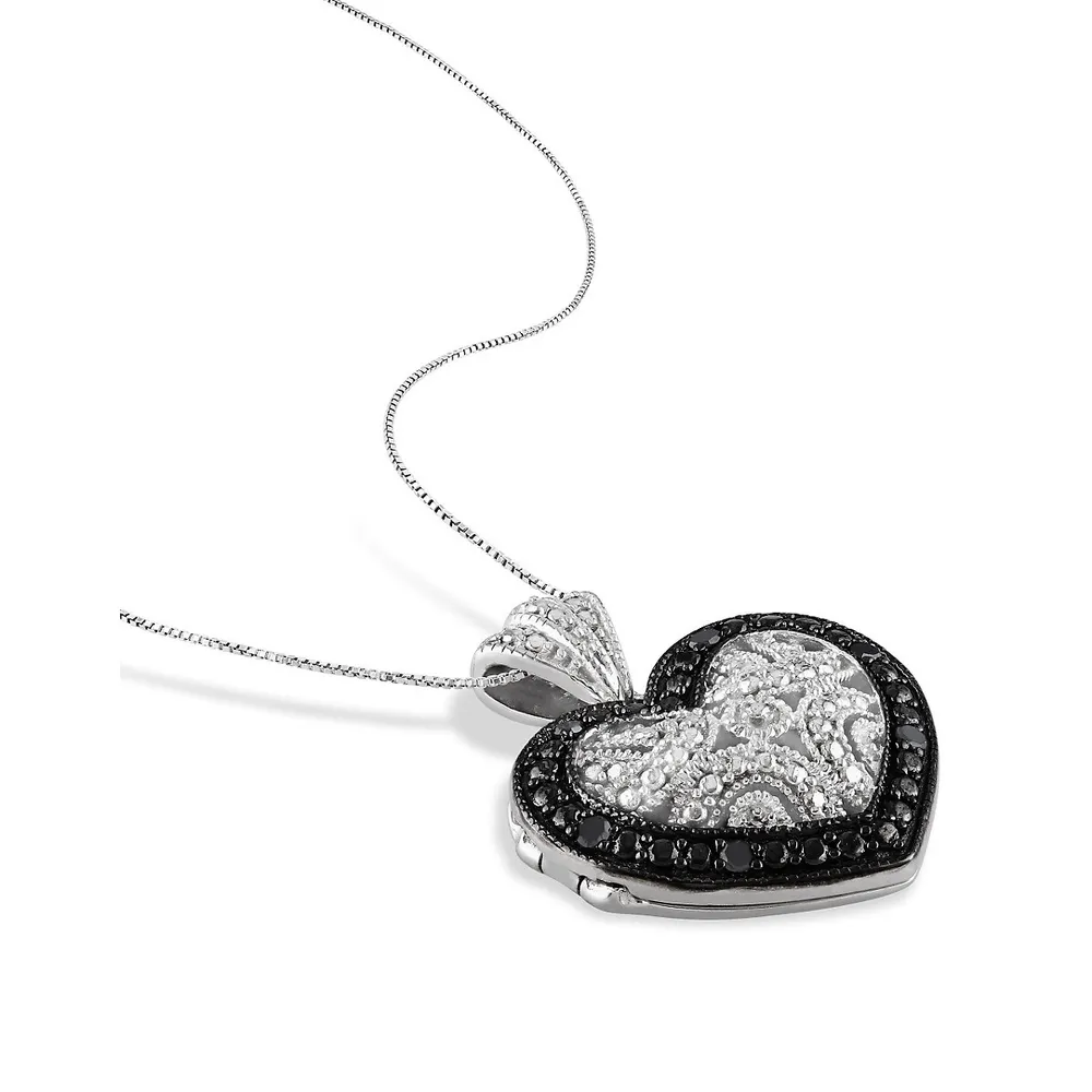 .06 CT Black Diamond and Sterling Silver Locket Heart Necklace