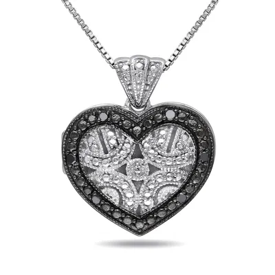 .06 CT Black Diamond and Sterling Silver Locket Heart Necklace