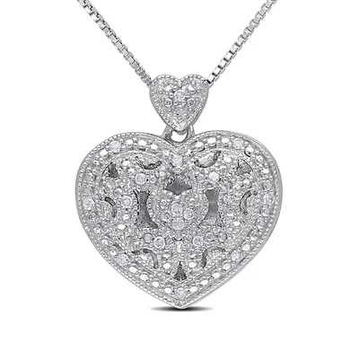 Collier en argent sterling avec médaillon en forme de cœur et diamants 0,08 ct