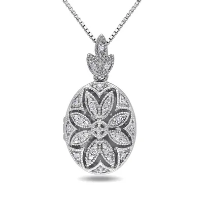 .10 CT Diamond and Sterling Silver Floral Locket Necklace