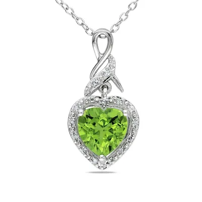 Collier en argent sterling à pendentif en forme de cœur avec péridot et diamants de 0,06 ct PT