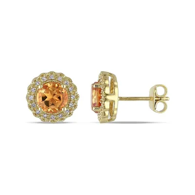Sterling Silver and 0.1 CT. T.W. Diamond and Citrine Stud Earrings