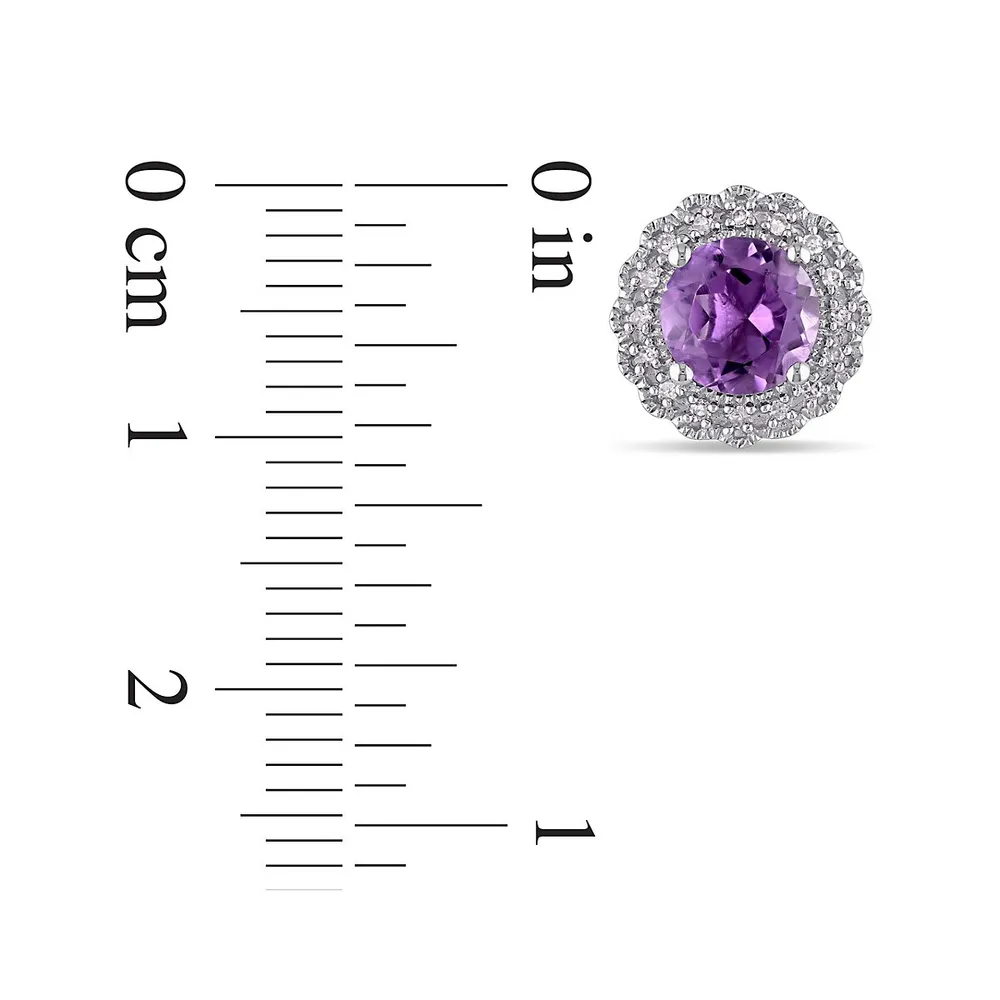 Amethyst and Diamond Halo Sterling Silver Stud Earrings