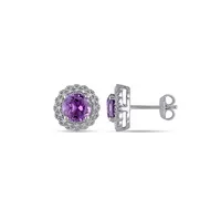 Amethyst and Diamond Halo Sterling Silver Stud Earrings