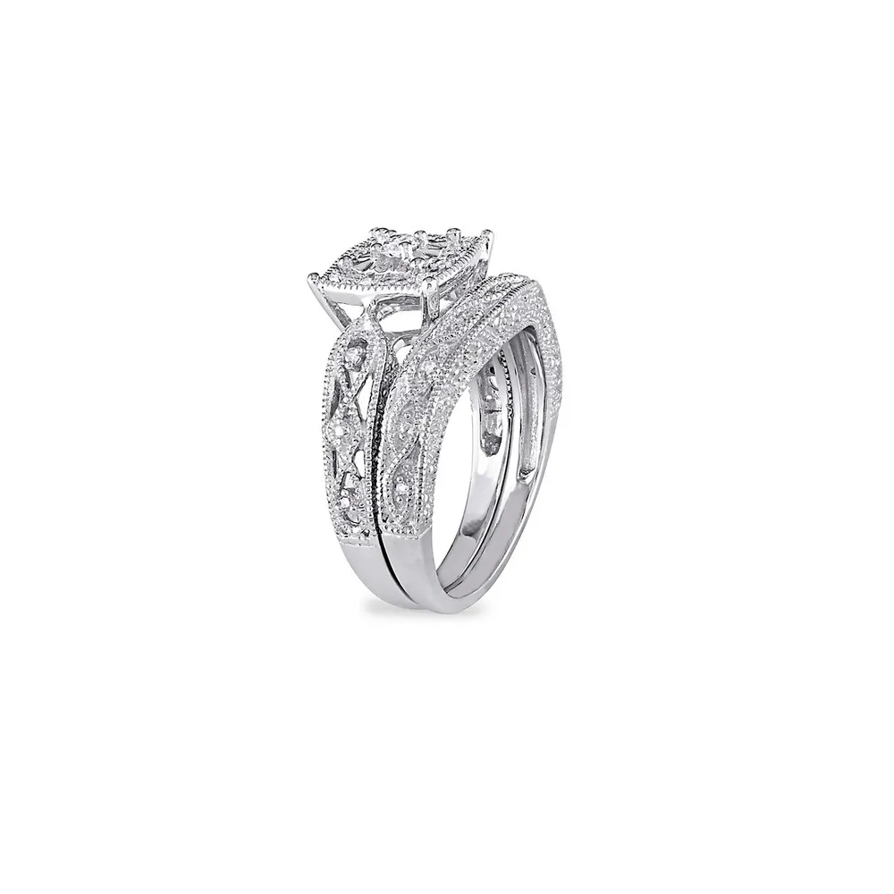 Cushion-Cut 0.20 TCW Diamond Filigree Sterling Silver Bridal Ring Set