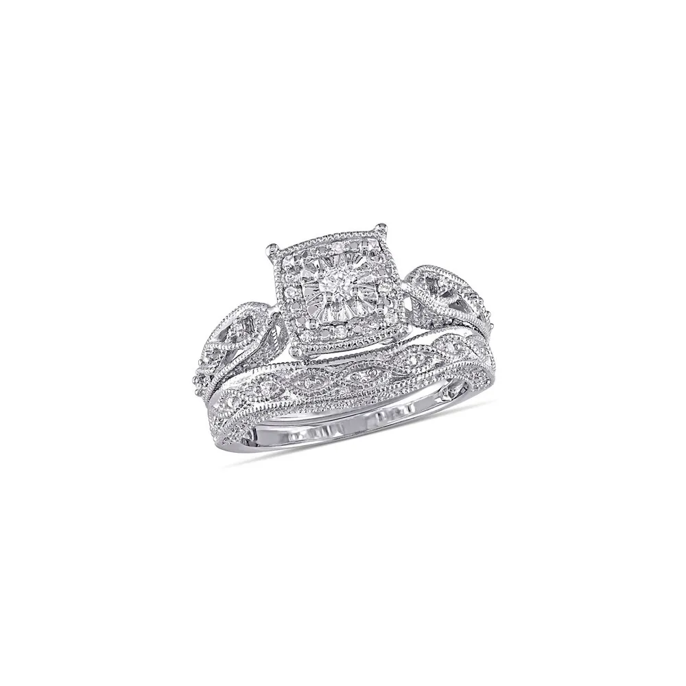 Cushion-Cut 0.20 CT. T.W. Diamond Filigree Sterling Silver Bridal Ring Set