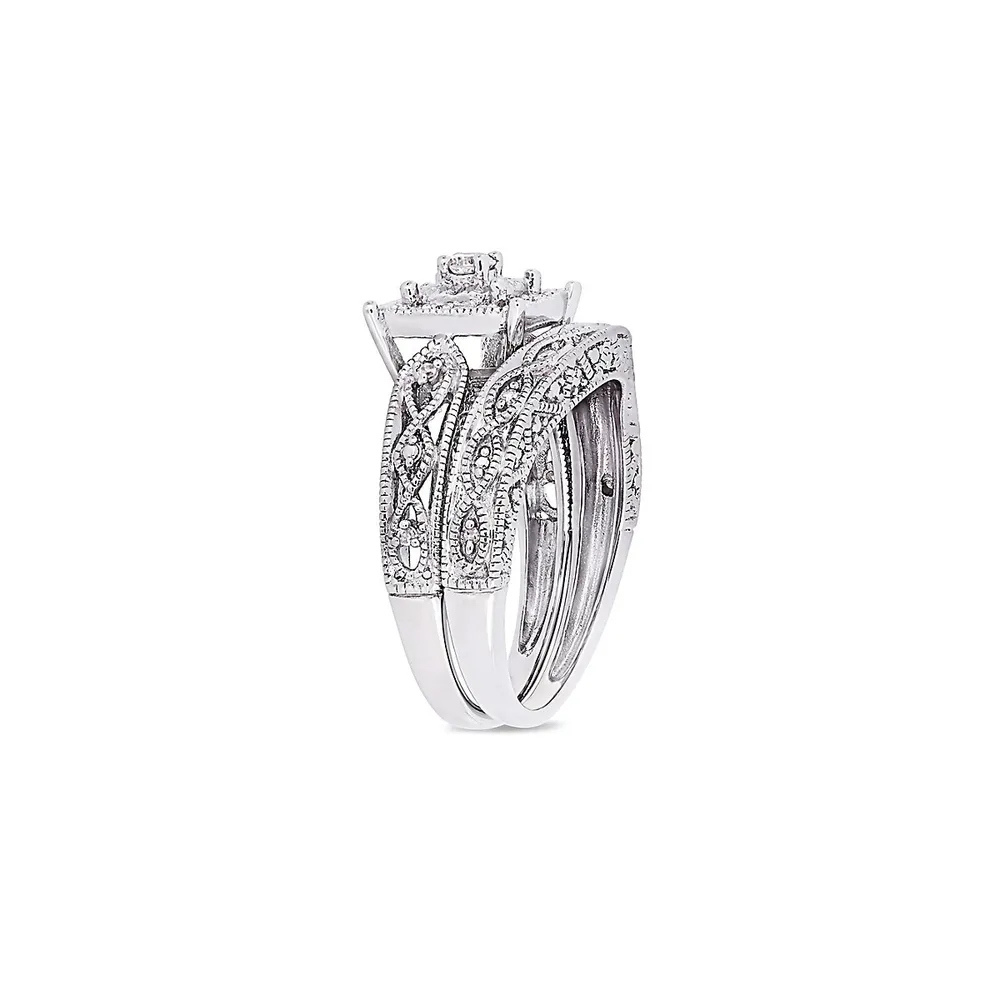 Cushion-Cut 0.20 CT. T.W. Diamond Filigree Sterling Silver Bridal Ring Set