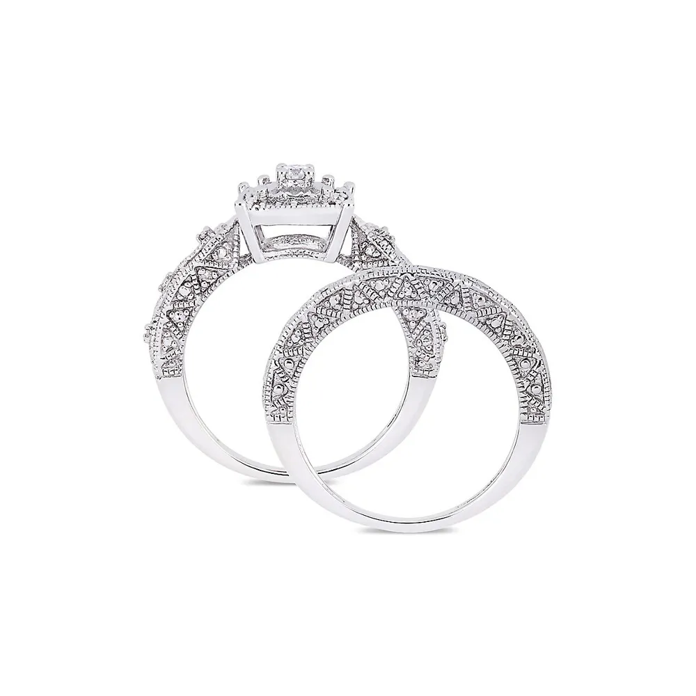 Cushion-Cut 0.20 TCW Diamond Filigree Sterling Silver Bridal Ring Set