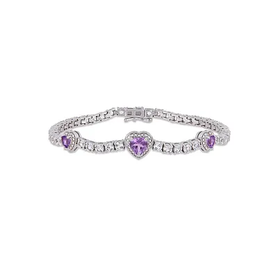 Sterling Silver, Amethyst & Created Sapphire Stationed Triple Heart Tennis Bracelet