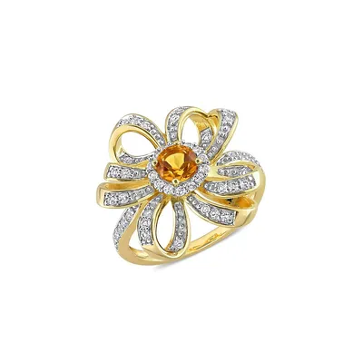 18K Yellow Goldplated Sterling Silver, Citrine & White Topaz Floral Cocktail Ring