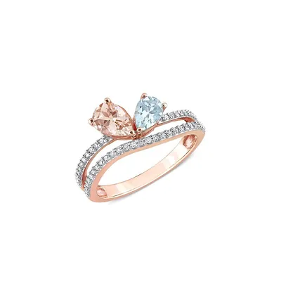 Bague en or rose 10 ct avec morganite, aigue-marine et diamant 0,25 PT