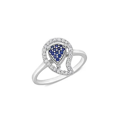 Sterling Silver, Created Blue Sapphire & White Topaz Teardrop Halo Ring