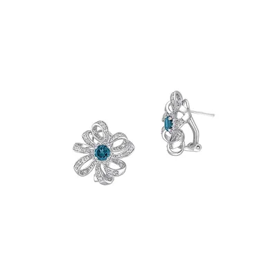 Sterling Silver, Blue Topaz & White Topaz Flower Earrings