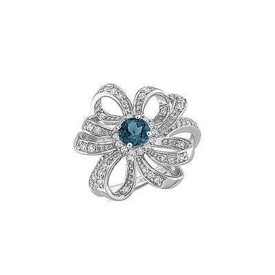 Bague à cocktail en argent sterling avec topaze bleue et blanche 1 ct PT