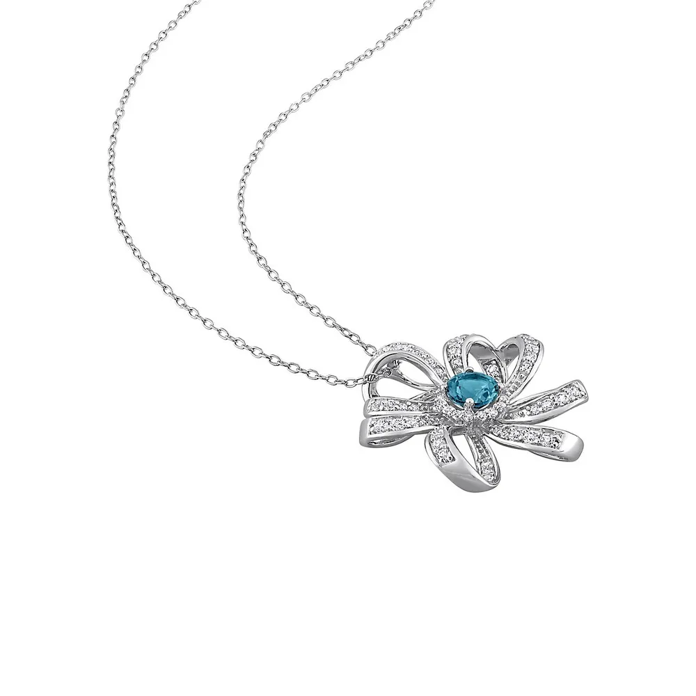 Sterling Silver, Blue Topaz & White Topaz Flower Necklace