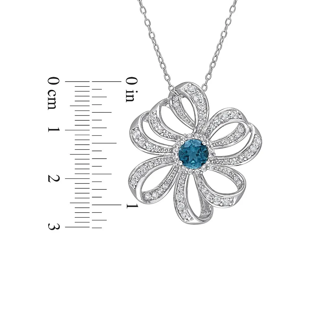 Sterling Silver, Blue Topaz & White Topaz Flower Necklace