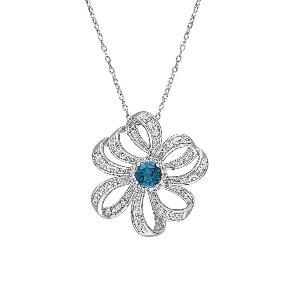 Sterling Silver, Blue Topaz & White Topaz Flower Necklace