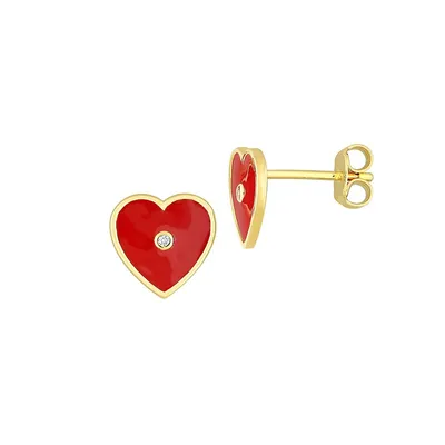 Goldplated Sterling Silver & Created White Sapphire Heart Red Enamel Earrings