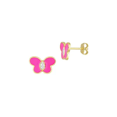 Yellow-Plated Sterling Silver, Created White Sapphire & Pink Enamel Butterfly Stud Earrings