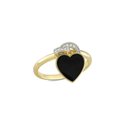Goldplated Sterling Silver, 0.06 C.T. T.W. Diamond & Black Enamel Heart Ring