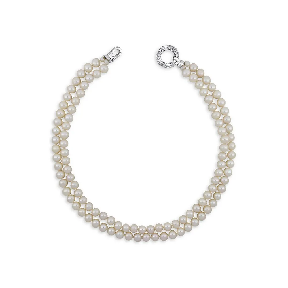 18K Goldplated Sterling Silver, Cubic Zirconia & 7MM-8MM Round Freshwater Cultured Pearl 2-Strand Necklace