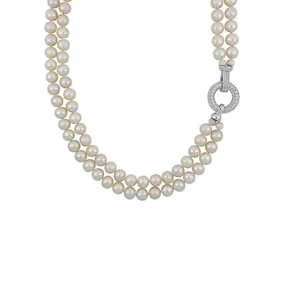 18K Goldplated Sterling Silver, Cubic Zirconia & 7MM-8MM Round Freshwater Cultured Pearl 2-Strand Necklace