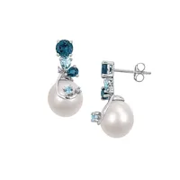 Sterling Silver, 10MM Freshwater Cultured Pearl, 2 CT. T.W. Blue Topaz & 0.024 CT. T.W. Diamond Accent Pearl Earrings