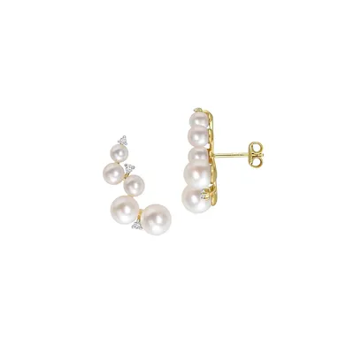 Yellow-Plated Sterling Silver, White Topaz & 4MM-7MM Freshwater Cultured Pearl Climber Earrings