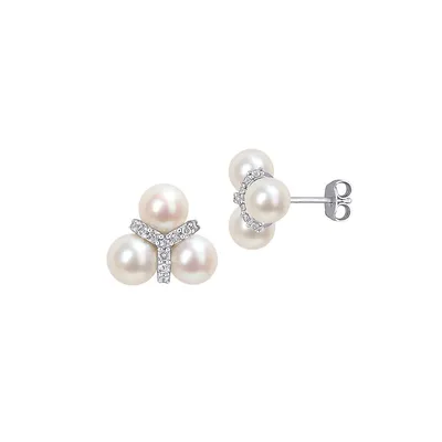 Sterling Silver, White Topaz & 6MM-6.5MM White Round Freshwater Cultured Pearl Floral Stud Earrings