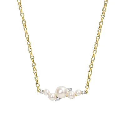 18K Yellow Goldplated Sterling Silver, 6.5 MM Freshwater Cultured Pearl & 0.12 CT. T.W. White Topaz Necklace