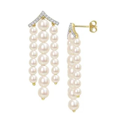 Goldplated Sterling Silver, White Topaz & 3.5MM-5.5MM White Round Freshwater Cultured Pearl Chandelier Earrings
