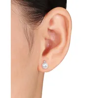 8-8.5mm White Round Pearl and Sterling Silver Stud Earrings with 0.06 CT. T.W. Diamonds