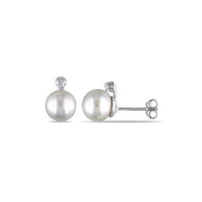 8-8.5mm White Round Pearl and Sterling Silver Stud Earrings with 0.06 CT. T.W. Diamonds