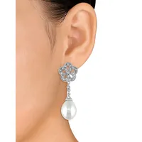 9.5-10mm White Rice Freshwater Pearl and Earrings with 0.04 CT. T.W. Diamonds