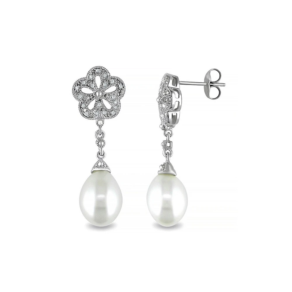 9.5-10mm White Rice Freshwater Pearl and Earrings with 0.04 CT. T.W. Diamonds