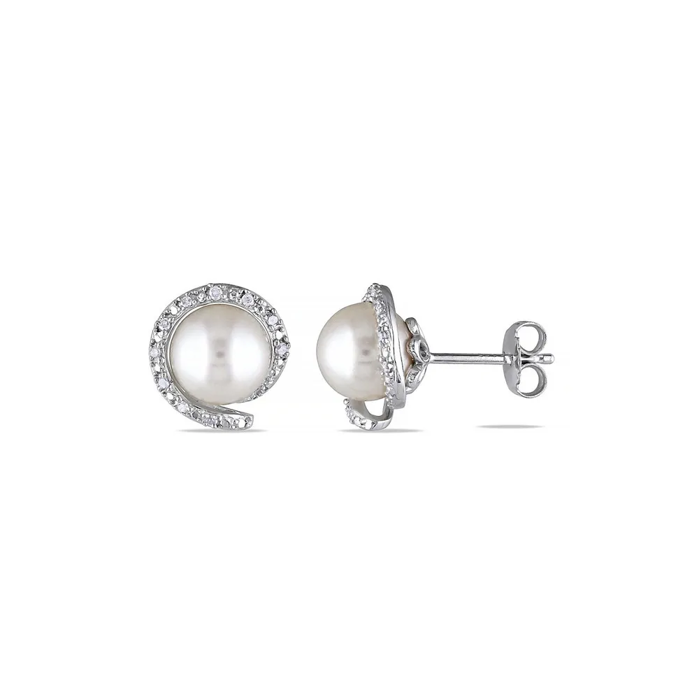 8-8.5mm White Round Pearl 0.1 CT. T.W. Diamond and Sterling Silver Swirl Stud Earrings