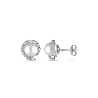 8-8.5mm White Round Pearl 0.1 CT. T.W. Diamond and Sterling Silver Swirl Stud Earrings
