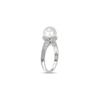 8-8.5mm White Round Freshwater Pearl and Sterling Silver Ring with 0.05 CT. T.W. Diamonds